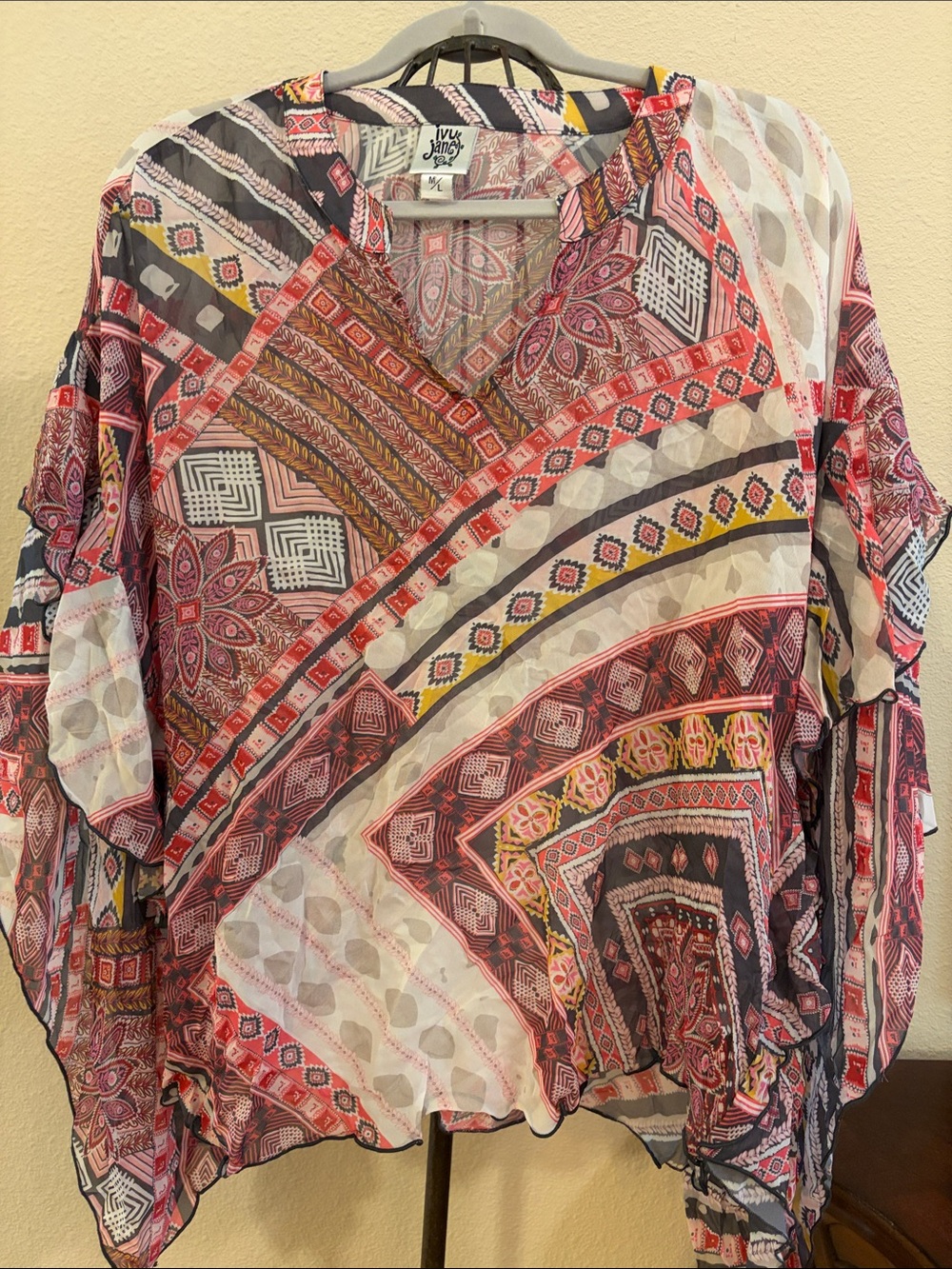 New ivy jane Boho Crinkled Sheer V-Neck Multi-Color Poncho Style Blouse Size M/L